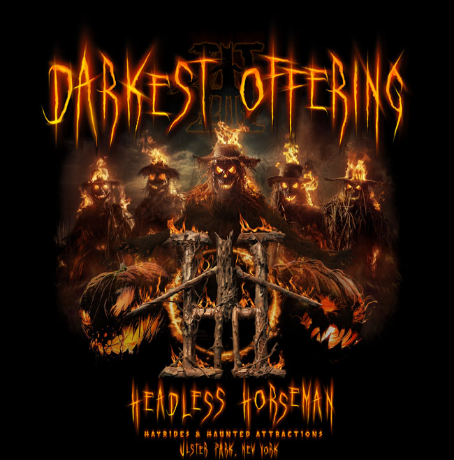 Darkest Offering written in title text over an illustration of five fiery scarecrows behind an effigy of some kind, flanked by a pair of flaming Jack-o-lanterns