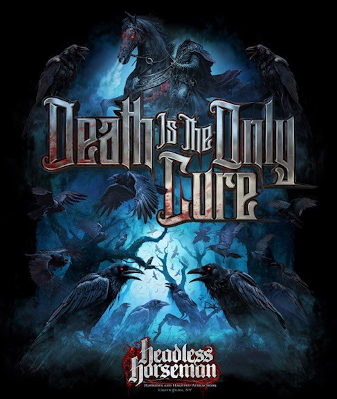 Death Is The Only Cure written in title text over an illustration of the Headless Horseman riding a rearing horse, among a blue glow and trees filled by ravens.