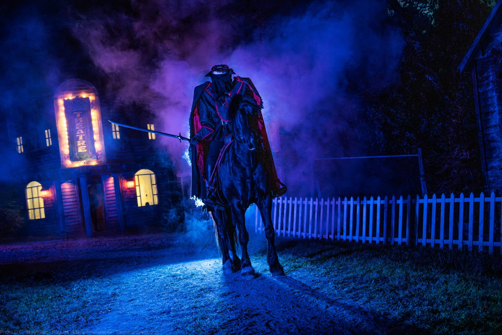 The Headless Horseman on horseback at night in the haunted village at Headless Horseman Hayrides, Ulster Park NY