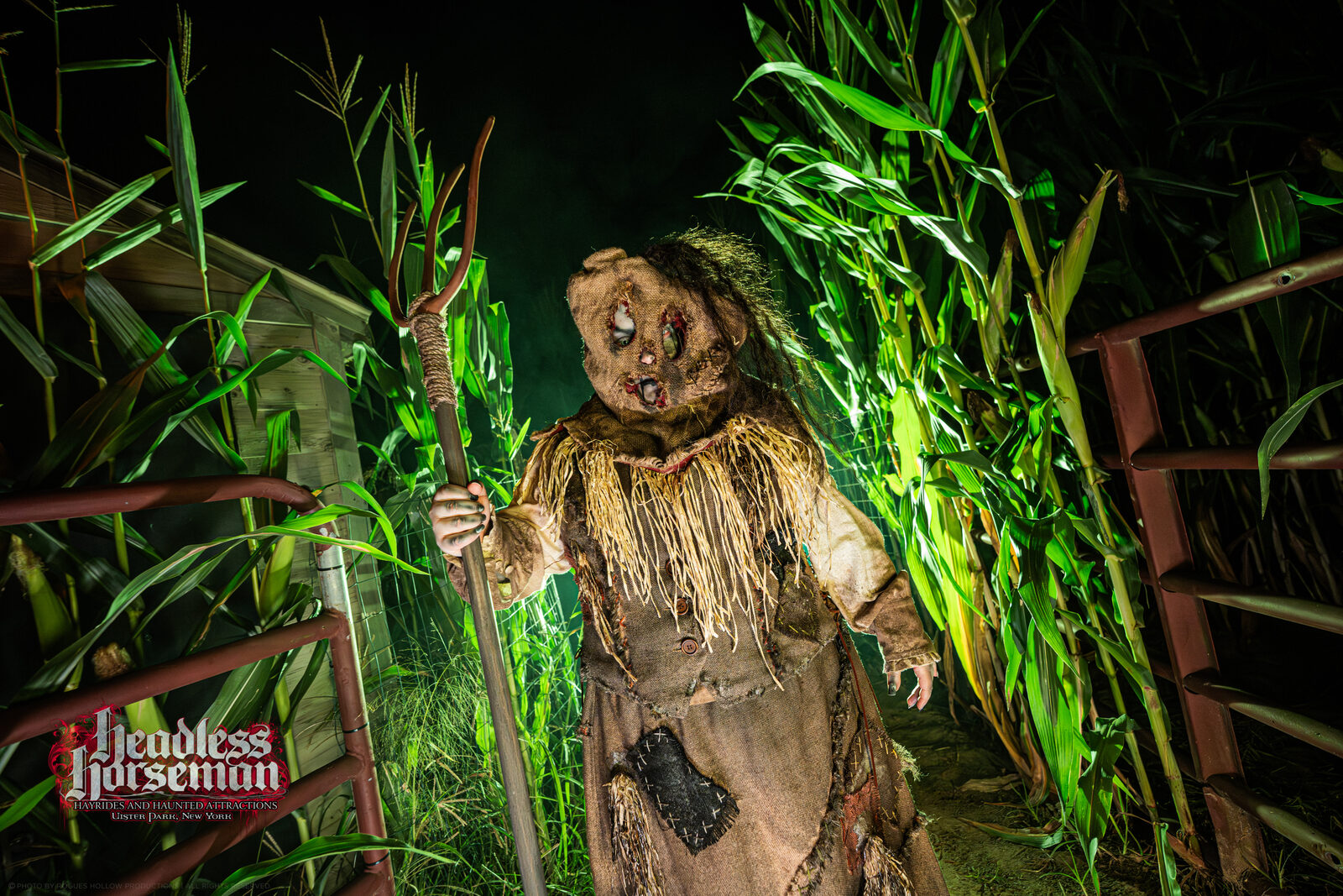 Scarecrow character in the haunted corn maze at Headless Horseman Hayrides, New York