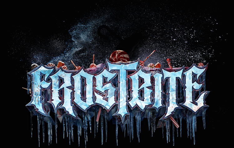 Frostbite written in title text over an illustration of the dentist, Dr. Mortimer Frost, wielding a bloodstained drill, surrounded by jagged ice and a blue glow.